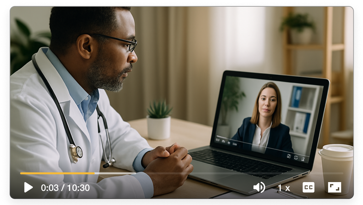 Healthcare policy update videos shown on a laptop with a clinician watching a concise, step‑by‑step update
